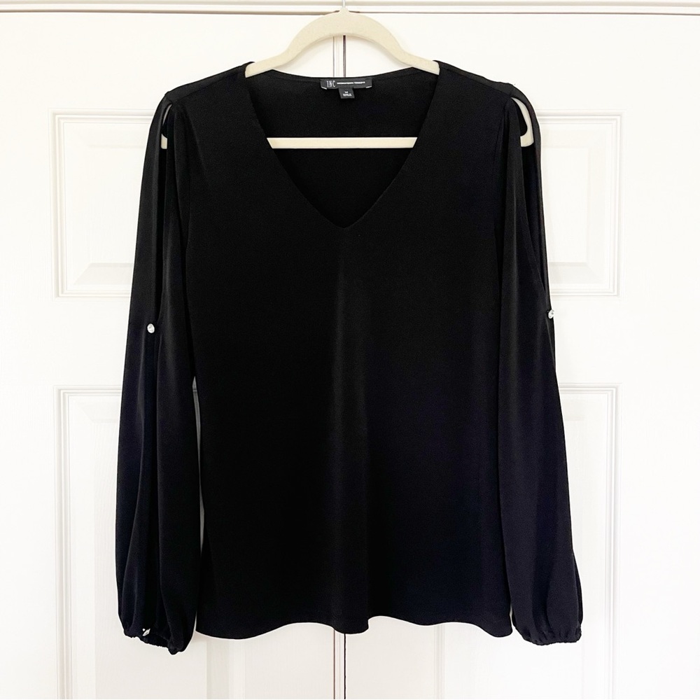 INC international concepts Elegant Black V-Neck Blouse with open sleeves med